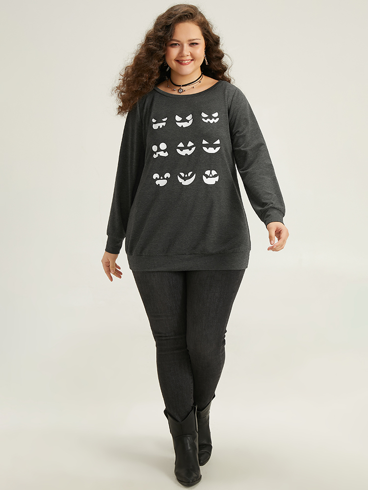 Plus Size Round Neck Halloween Print Sweatshirt Women DimGray Casual Printed Festival-Halloween Sweatshirts BloomChic 28/5X 