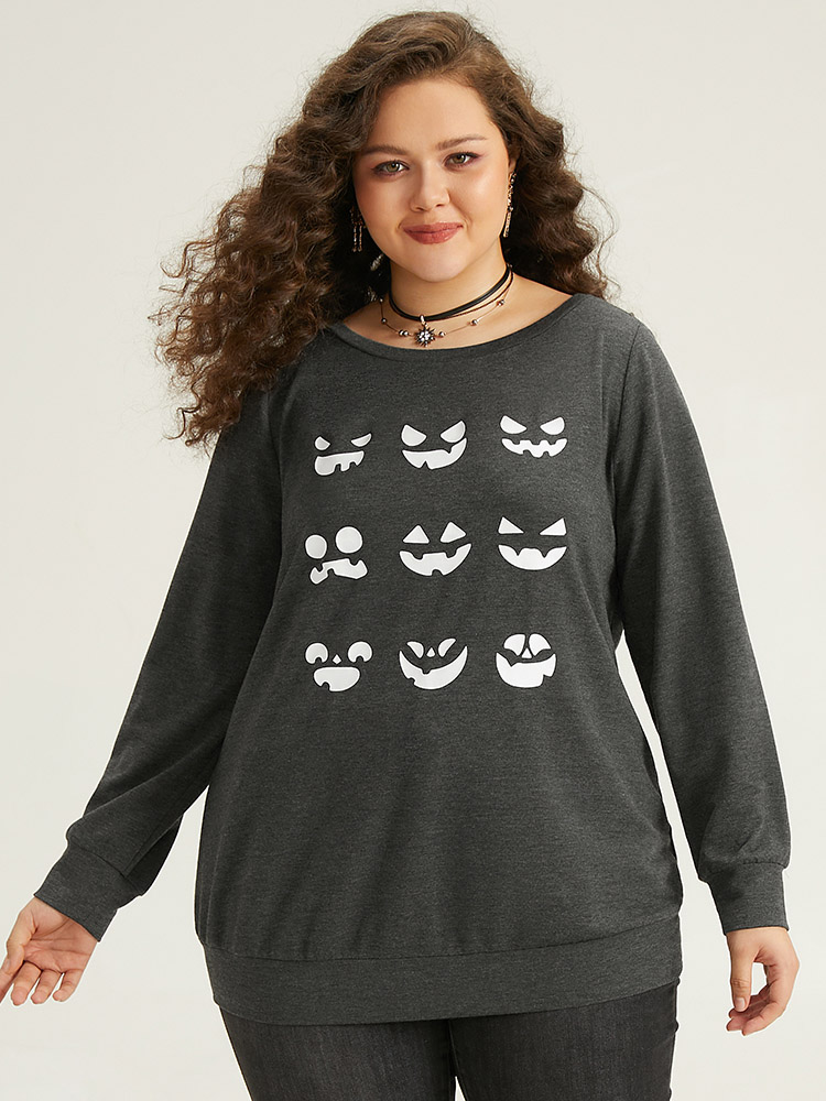 Plus Size Round Neck Halloween Print Sweatshirt Women DimGray Casual Printed Festival-Halloween Sweatshirts BloomChic 28/5X 