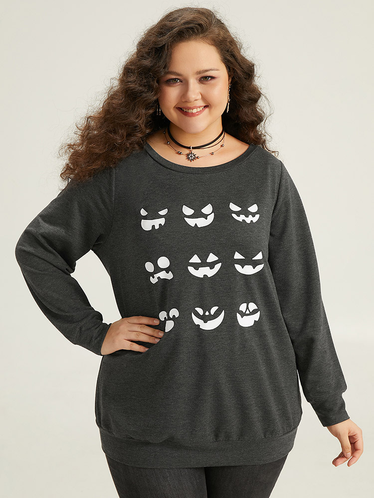 Plus Size Round Neck Halloween Print Sweatshirt Women DimGray Casual Printed Festival-Halloween Sweatshirts BloomChic 28/5X 
