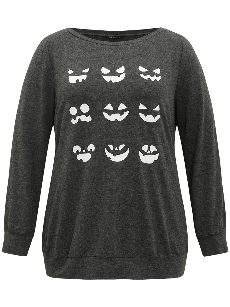 Plus Size Round Neck Halloween Print Sweatshirt Women DimGray Casual Printed Festival-Halloween Sweatshirts BloomChic 28/5X 