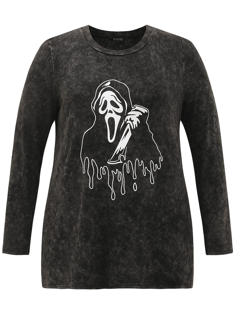 Plus Size Halloween Supersoft Essentials Skull Print Vintage T-shirt Black Women Casual Printed Halloween Festival-Halloween T-shirts BloomChic 22-24/3X 