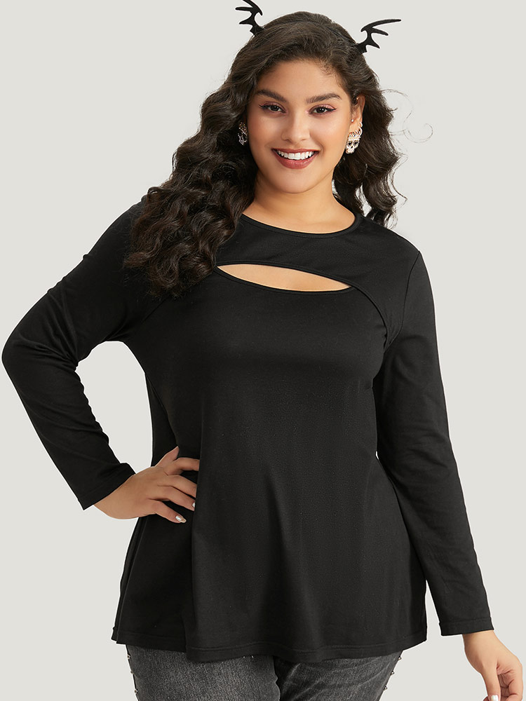 

Plus Size Halloween Supersoft Essentials Solid Cut Out T-shirt Black Keyhole Cut-Out Long Sleeve Casual Jersey Tops