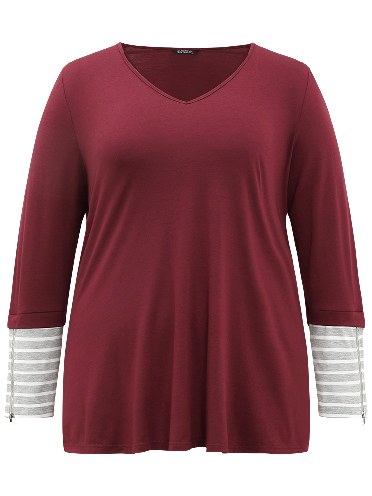 Plus Size Women Festival-Halloween Striped Contrast Regular Sleeve Long Sleeve V-neck Casual T-shirts BloomChic 