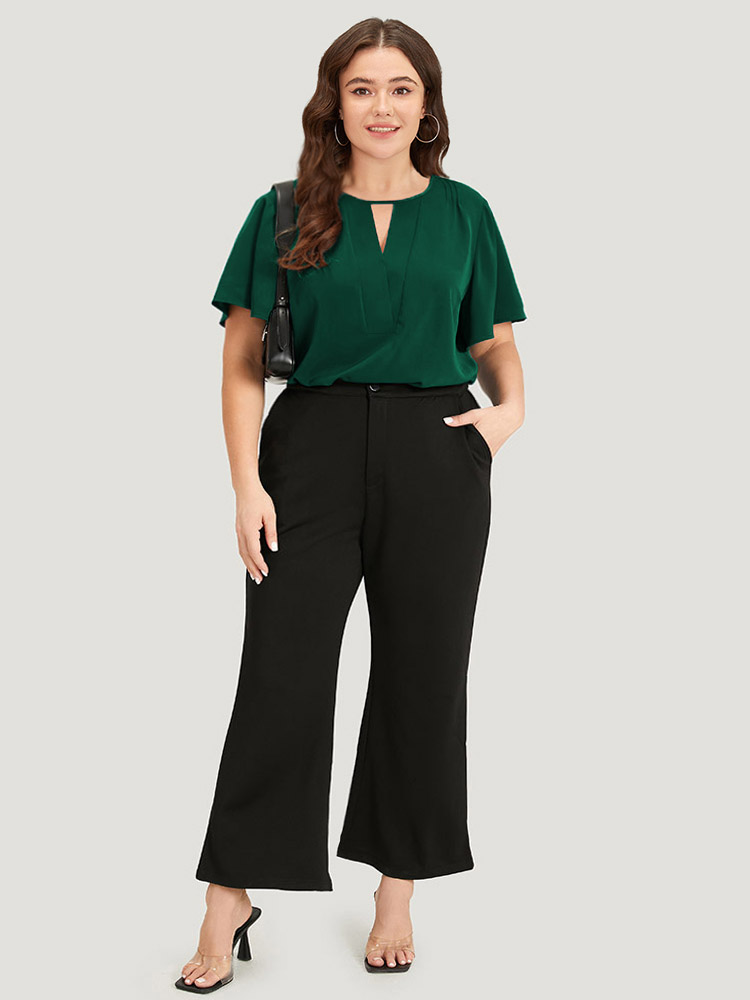 

Plus Size Moss Plain Cut Out Flutter Sleeve Pleated Blouse Women Office Short sleeve V-neck Work Blouses BloomChic