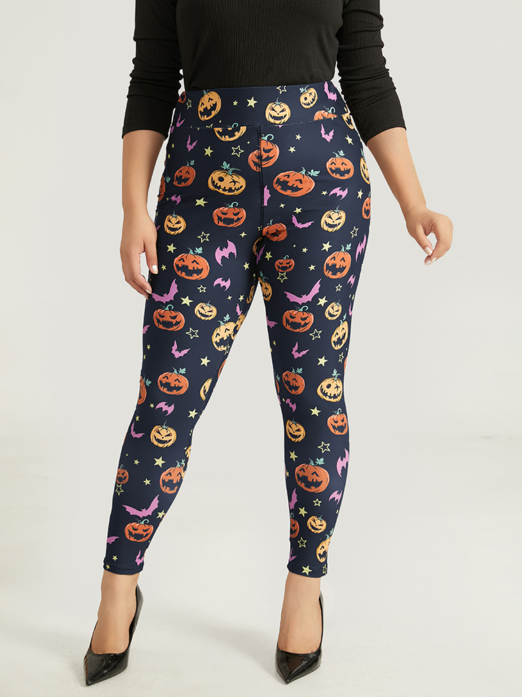 

Plus Size Halloween Graphic Wideband Waist Leggings Women Indigo Elegant High stretch Skinny High Rise Festival-Halloween Leggings BloomChic