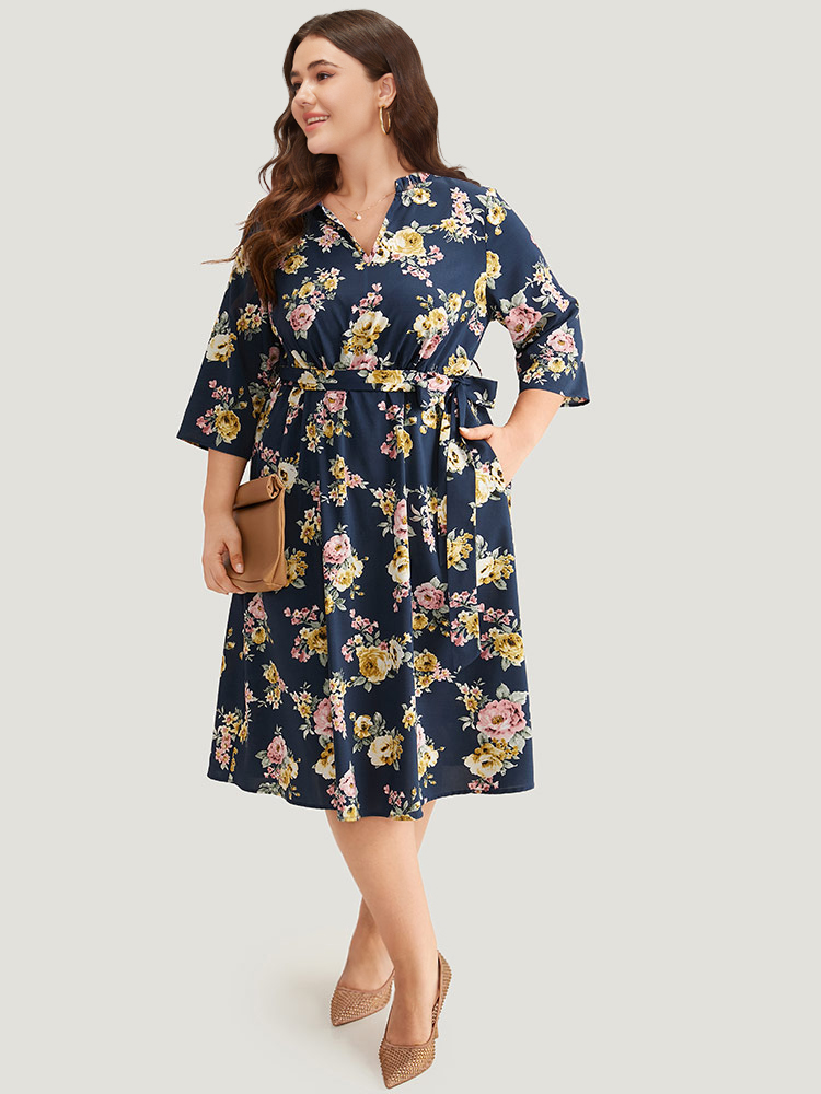 

Plus Size Floral Print Frill Trim Belted Pocket Dress Navy Women Office Belted Notched collar Elbow-length sleeve Curvy Midi Dress BloomChic