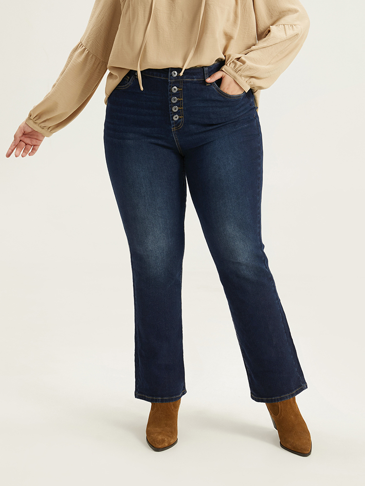 Plus Size Women Everyday Plain High stretch Straight Leg Dark Wash Casual Jeans BloomChic 