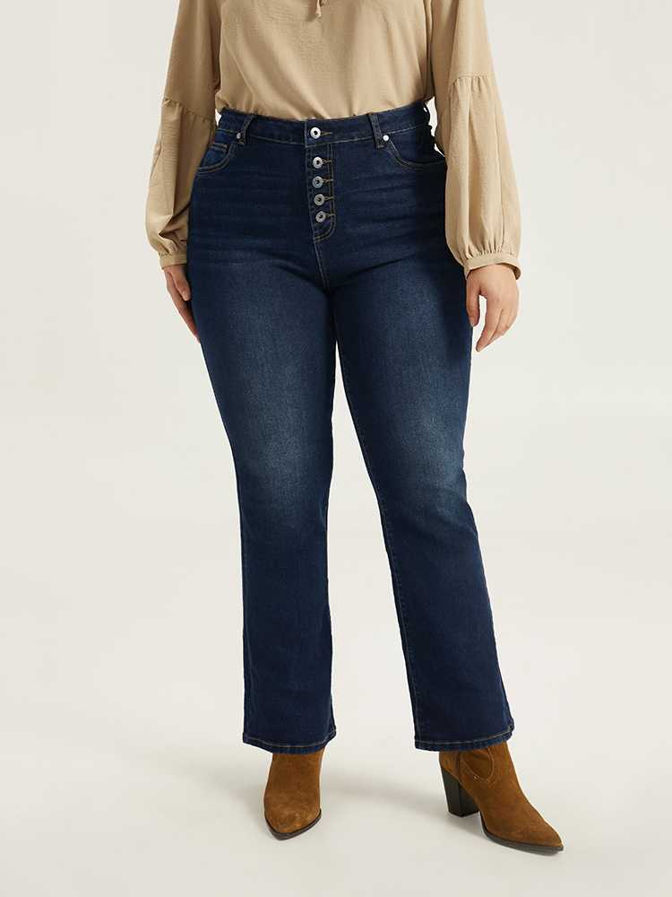 Plus Size Women Everyday Plain High stretch Straight Leg Dark Wash Casual Jeans BloomChic 