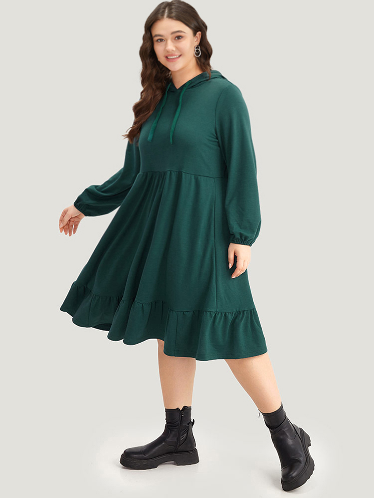 

Plus Size Hooded Lantern Sleeve Flutter Hem Dress DarkGreen Women Casual Elastic cuffs Hooded Long Sleeve Curvy Midi Dress BloomChic