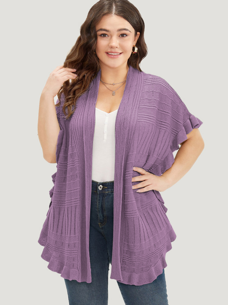 

Plus Size Anti-Pilling Plain Ruffles Split Hem Dolman Sleeve Cardigan Mauve Women Casual Loose Short sleeve Everyday Cardigans BloomChic