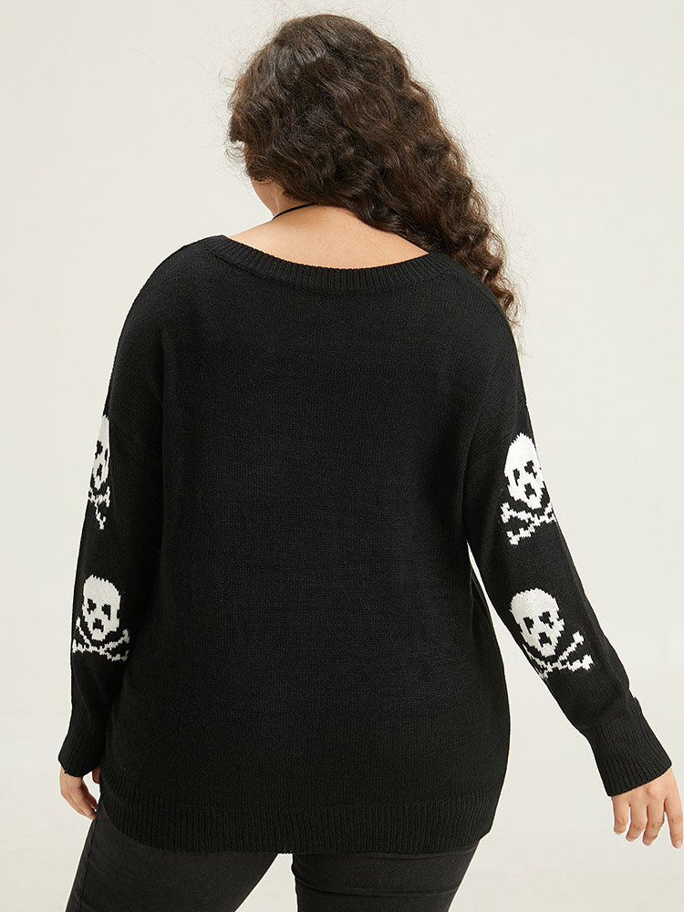 

Plus Size Halloween Elastic Cuffs Skull Print Pullover Black Women Casual Loose Long Sleeve V-neck Dailywear Pullovers BloomChic