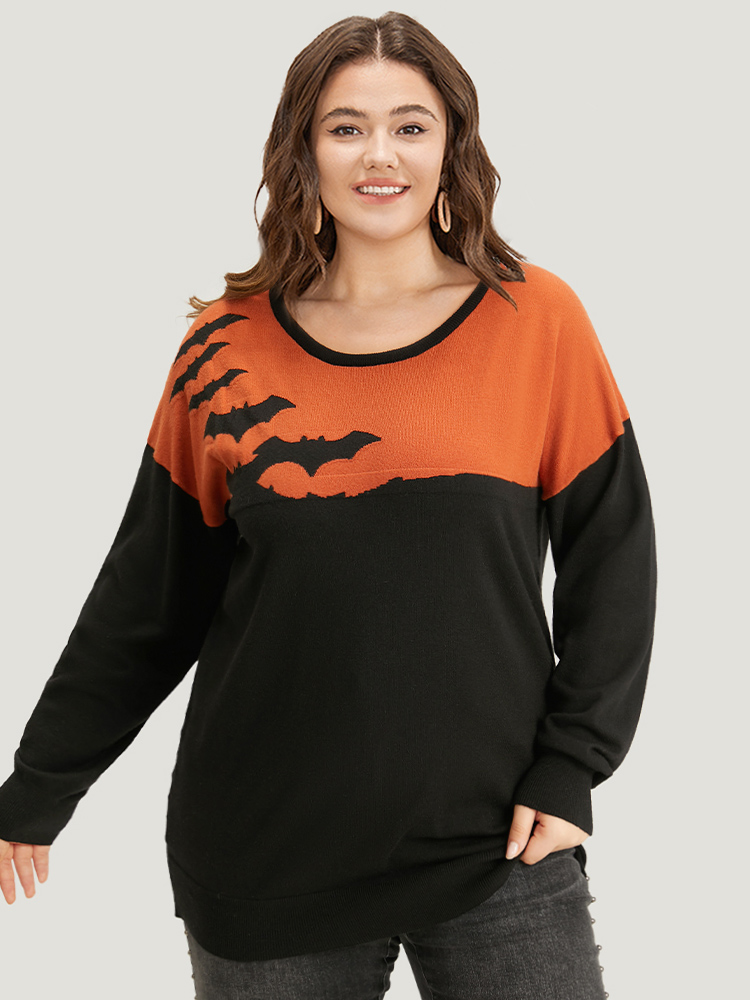 

Plus Size Halloween Supersoft Essentials Two Tone Bat Print Pullover Black Women Casual Long Sleeve Round Neck Festival-Halloween Pullovers BloomChic