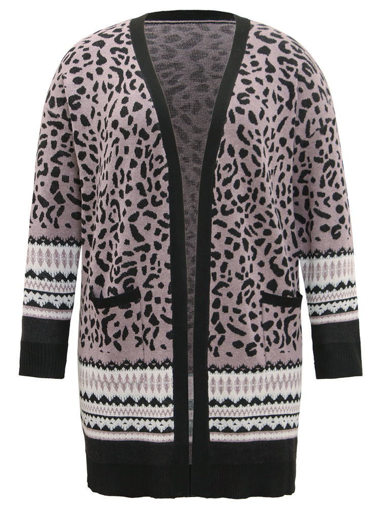 Plus Size Cardigans | Leopard Print Pocket Contrast Trim Cardigan | BloomChic 