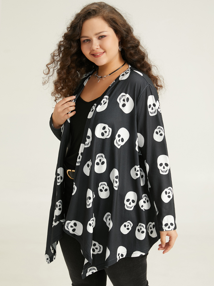 

Plus Size Halloween Skull Print Open Front Hanky Hem Kimono Women Black Casual Drape Dailywear Kimonos BloomChic