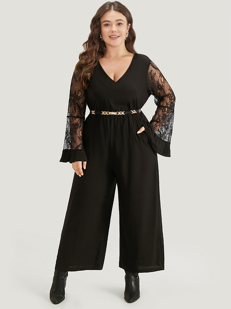 

Plus Size Black Halloween Plain Mesh Eyelet Lace Pocket Jumpsuit Women Elegant Long Sleeve V-neck Festival-Halloween Loose Jumpsuits BloomChic