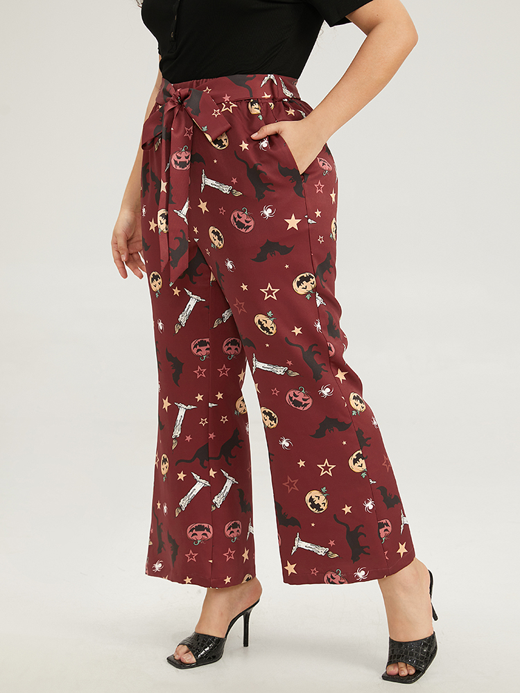 Plus Size Halloween Graphic Belted Flare Leg Pants Women Multicolor Elegant Flare Leg High Rise Festival-Halloween Pants BloomChic 28/5X 