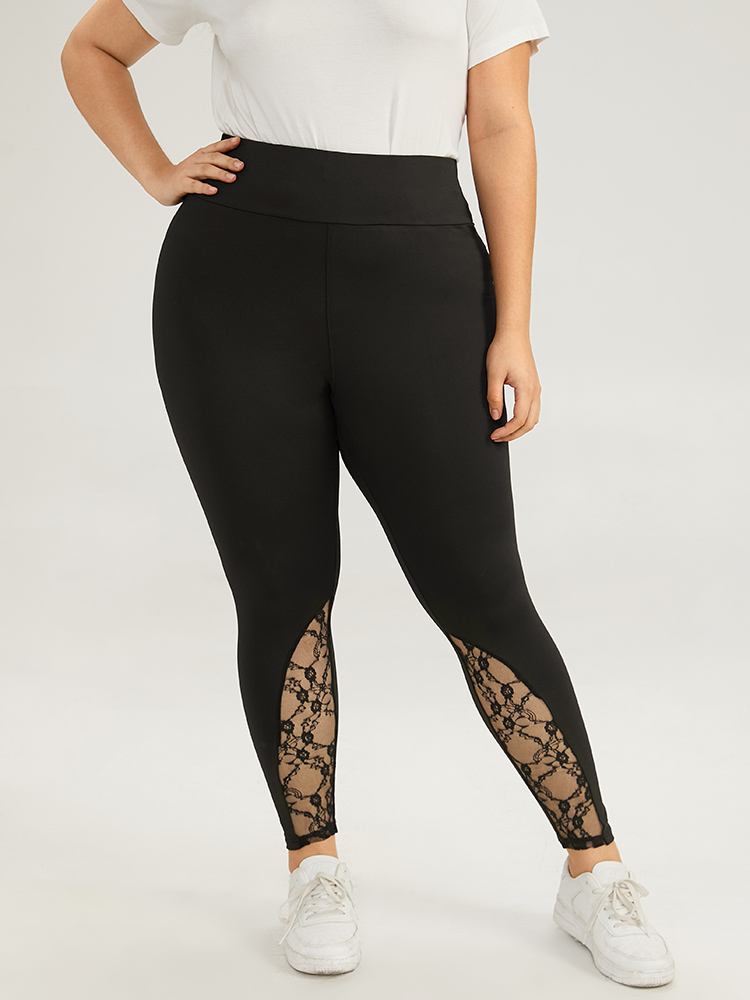 

Plus Size Halloween Wideband Waist Lace Panel Leggings Women Black Casual High stretch Skinny High Rise Everyday Leggings BloomChic