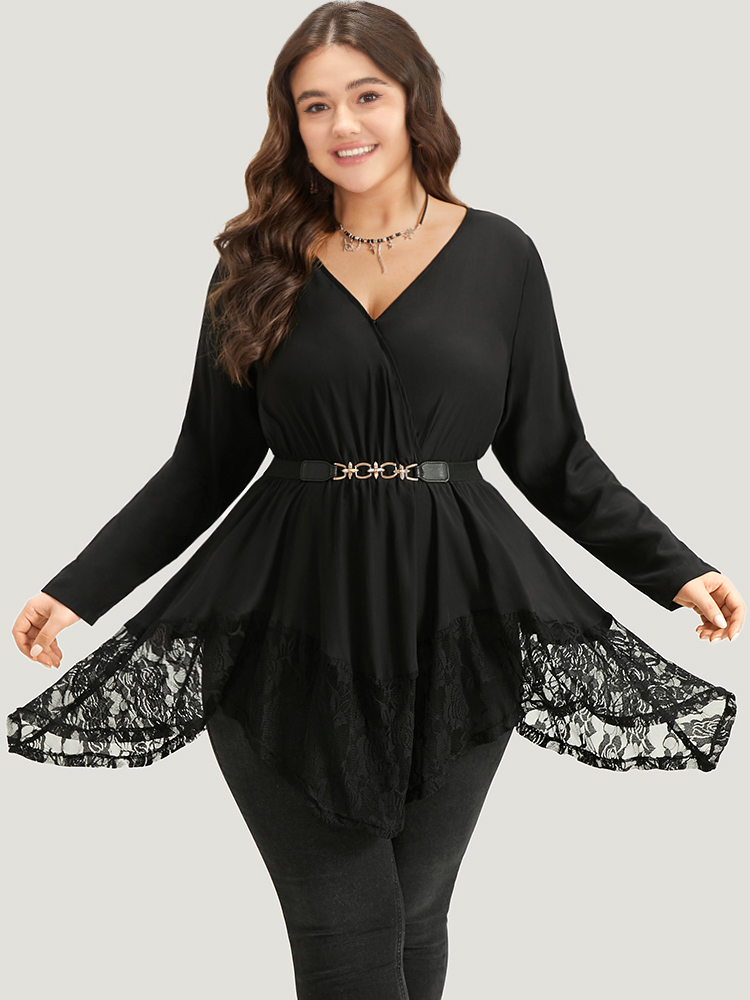 

Plus Size Black Halloween Plain Lace Asymmetrical Hem Blouse Women Elegant Long Sleeve V-neck Dailywear Blouses BloomChic