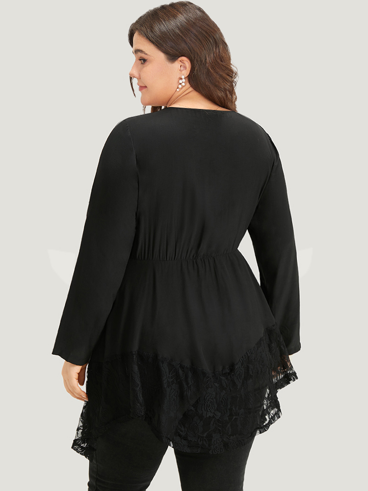 Plus Size Black Halloween Plain Lace Asymmetrical Hem Blouse Women Elegant Long Sleeve V-neck Dailywear Blouses BloomChic 22-24/3X 