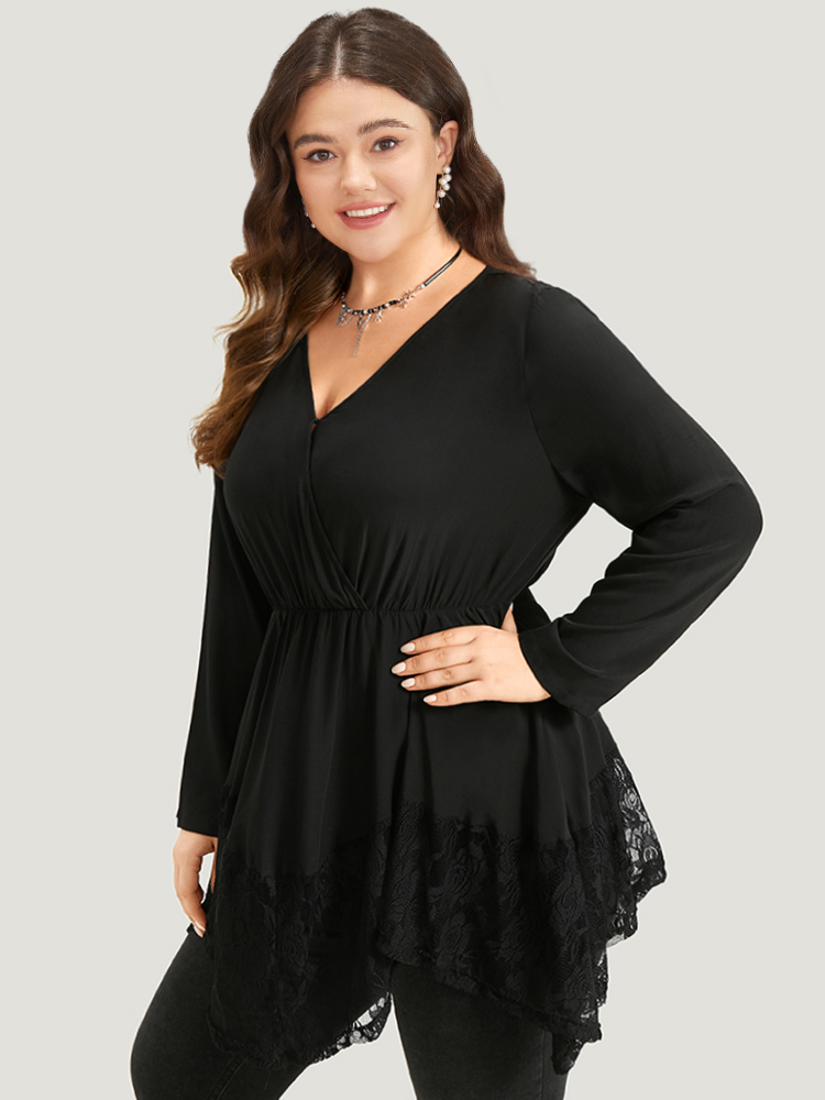 Plus Size Black Halloween Plain Lace Asymmetrical Hem Blouse Women Elegant Long Sleeve V-neck Dailywear Blouses BloomChic 22-24/3X 
