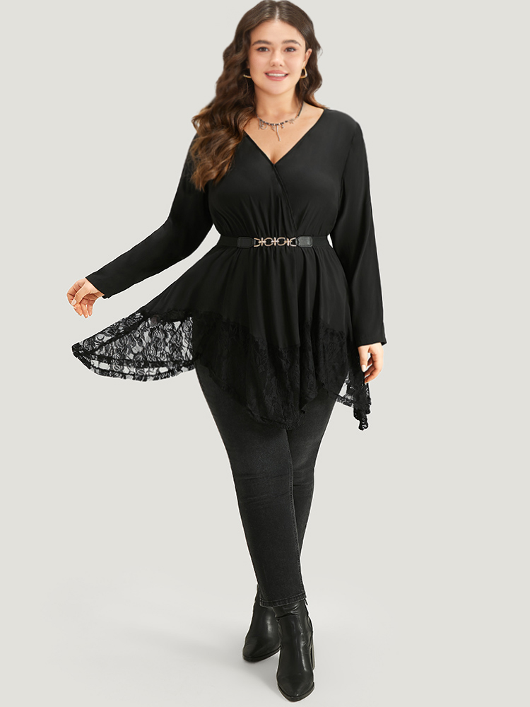 Plus Size Black Halloween Plain Lace Asymmetrical Hem Blouse Women Elegant Long Sleeve V-neck Dailywear Blouses BloomChic 22-24/3X 