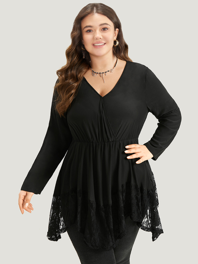Plus Size Black Halloween Plain Lace Asymmetrical Hem Blouse Women Elegant Long Sleeve V-neck Dailywear Blouses BloomChic 22-24/3X 