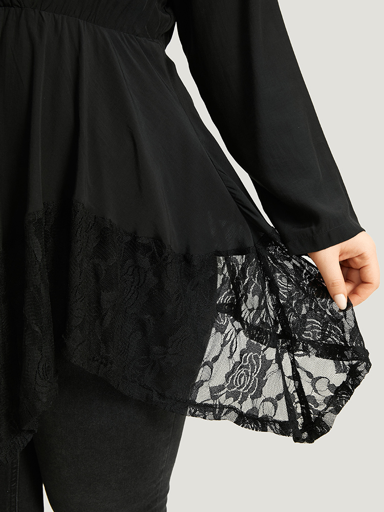 Plus Size Black Halloween Plain Lace Asymmetrical Hem Blouse Women Elegant Long Sleeve V-neck Dailywear Blouses BloomChic 22-24/3X 