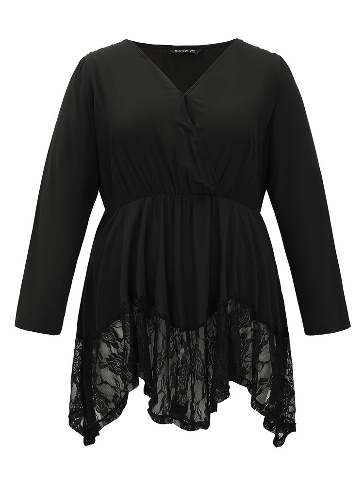 Plus Size Black Halloween Plain Lace Asymmetrical Hem Blouse Women Elegant Long Sleeve V-neck Dailywear Blouses BloomChic 22-24/3X 