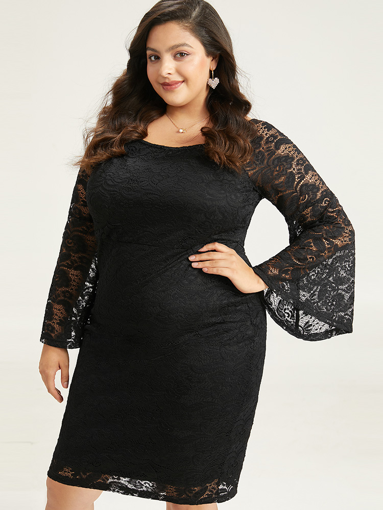 

Plus Size Plain Crochet Lace Mesh Bell Sleeve Dress Black Women Glamour Plain Scoop Neck Long Sleeve Curvy Knee Dress BloomChic