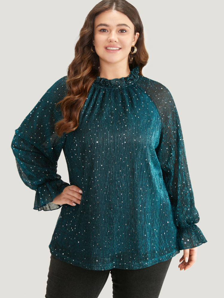 

Plus Size Cyan Halloween Sequin Stand Collar Rhinestone Mesh Blouse Women Party Long Sleeve Stand-up collar Festival-Halloween Blouses BloomChic