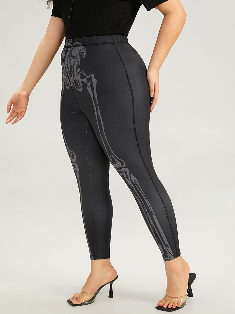 Plus Size Halloween Skull Print High Rise Skinny Leggings Women Black Elegant High stretch Skinny High Rise Festival-Halloween Leggings BloomChic 30/6X 