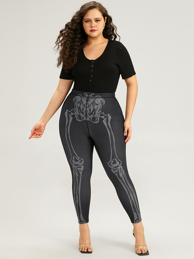 Plus Size Halloween Skull Print High Rise Skinny Leggings Women Black Elegant High stretch Skinny High Rise Festival-Halloween Leggings BloomChic 30/6X 