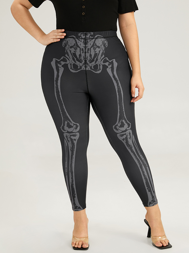

Plus Size Halloween Skull Print High Rise Skinny Leggings Women Black Elegant High stretch Skinny High Rise Festival-Halloween Leggings BloomChic