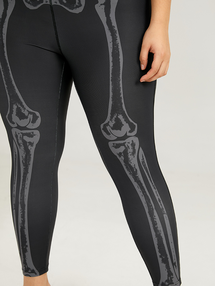 Plus Size Halloween Skull Print High Rise Skinny Leggings Women Black Elegant High stretch Skinny High Rise Festival-Halloween Leggings BloomChic 30/6X 
