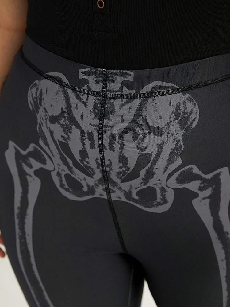 Plus Size Halloween Skull Print High Rise Skinny Leggings Women Black Elegant High stretch Skinny High Rise Festival-Halloween Leggings BloomChic 30/6X 