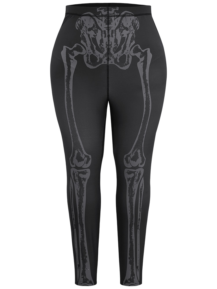 Plus Size Halloween Skull Print High Rise Skinny Leggings Women Black Elegant High stretch Skinny High Rise Festival-Halloween Leggings BloomChic 30/6X 