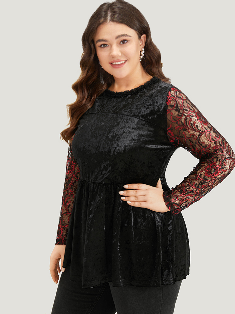 

Plus Size Black Halloween Lace Patchwork Contrast Cut Out Blouse Women Glamour Long Sleeve Round Neck Festival-Halloween Blouses BloomChic