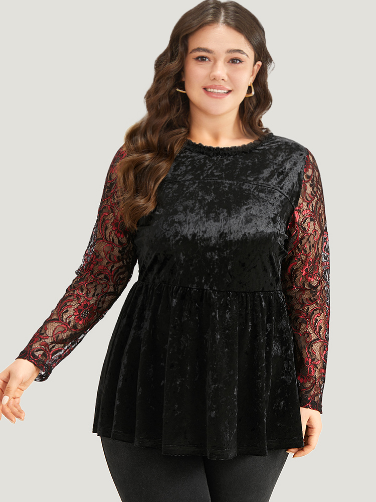 

Plus Size Black Halloween Lace Patchwork Contrast Cut Out Blouse Women Glamour Long Sleeve Round Neck Festival-Halloween Blouses BloomChic