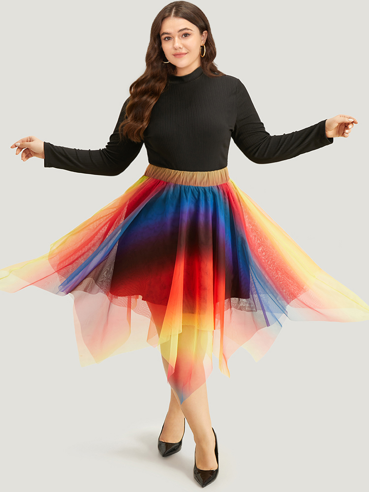 

Plus Size Halloween Ombre Tiered Elastic Waist Hanky Hem Skirt Women Multicolor Glamour Contrast No stretch Festival-Halloween Skirts BloomChic