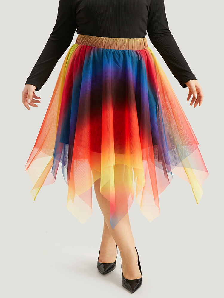 Plus Size Halloween Ombre Tiered Elastic Waist Hanky Hem Skirt Women Multicolor Glamour Contrast No stretch Festival-Halloween Skirts BloomChic 22-24/3X 
