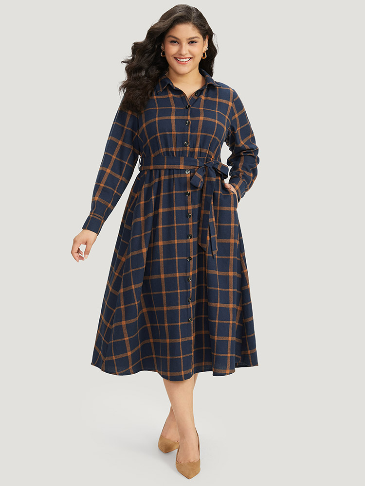 

Plus Size Plaid Shirt Collar Button Fly Belted Dress Navy Women Office Belted Shirt collar Long Sleeve Curvy Midi Dress BloomChic