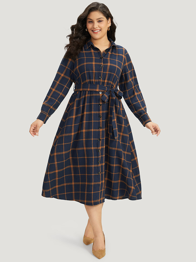 

Plus Size Plaid Shirt Collar Button Fly Belted Dress Navy Women Office Belted Shirt collar Long Sleeve Curvy Midi Dress BloomChic