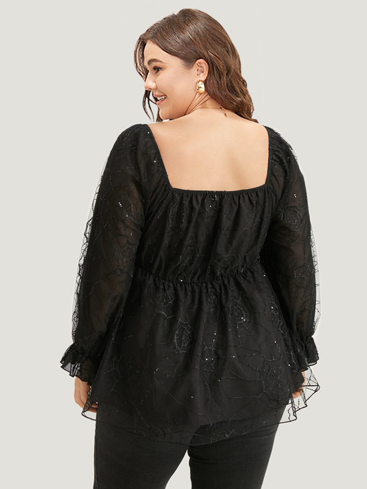 

Plus Size Black Halloween Square Neck Spider Web Crochet Lace Mesh Blouse Women Glamour Long Sleeve Square Neck Festival-Halloween Blouses BloomChic