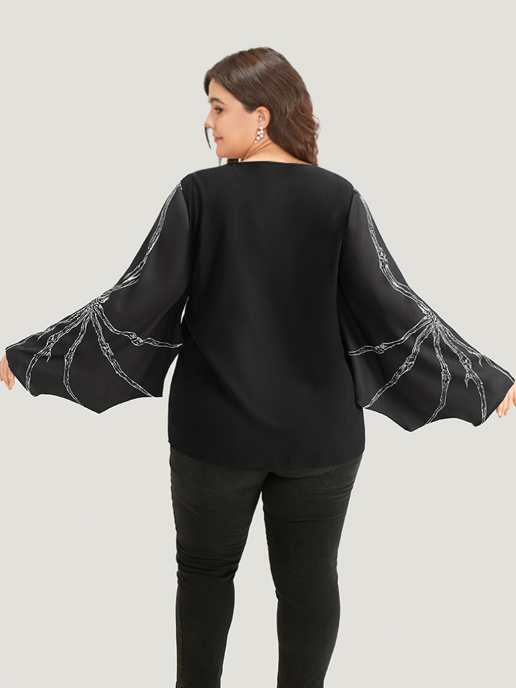 

Plus Size Black Halloween Skull Keyhole Batwing Sleeve Blouse Women Elegant Long Sleeve Keyhole Cut-Out Festival-Halloween Blouses BloomChic