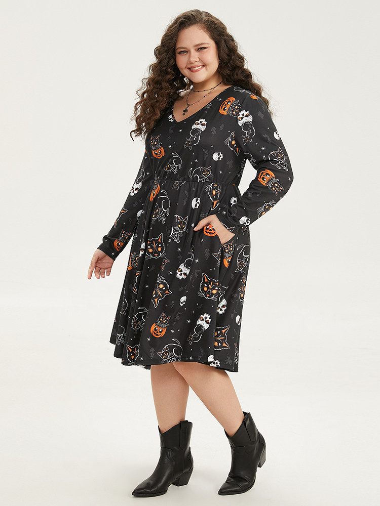 Plus Size Halloween Cat & Pumpkin Print Elastic Waist Dress Black Women Elegant Printed V-neck Long Sleeve Curvy Midi Dress BloomChic 12/L 