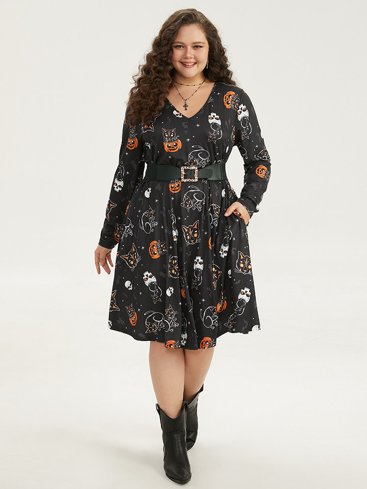 Plus Size Halloween Cat & Pumpkin Print Elastic Waist Dress Black Women Elegant Printed V-neck Long Sleeve Curvy Midi Dress BloomChic 12/L 