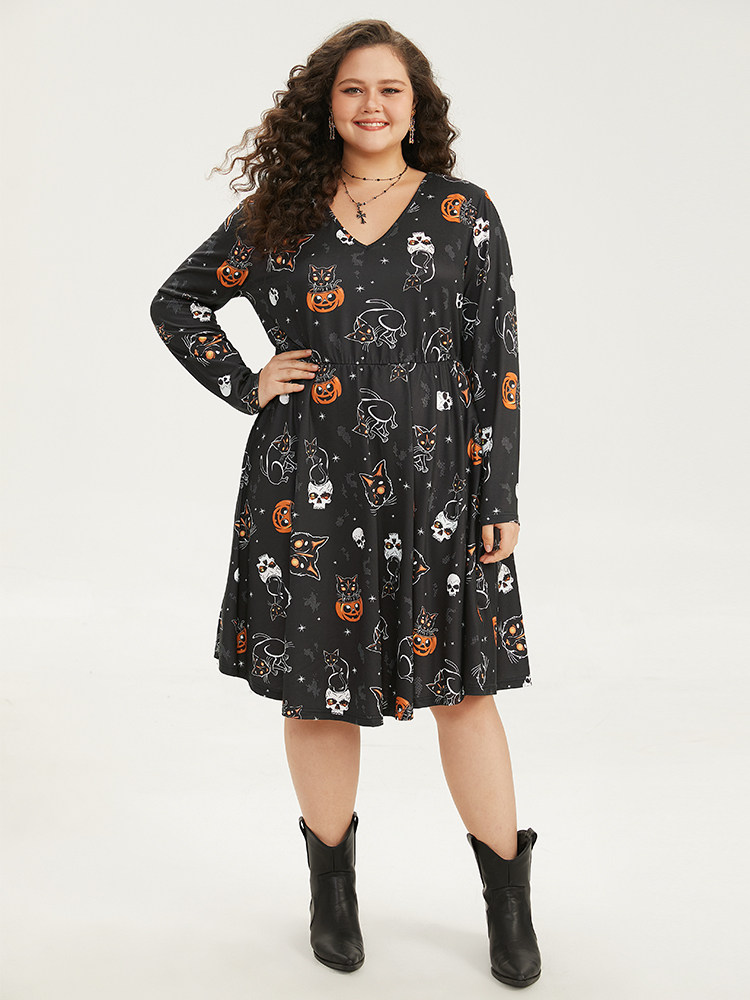 Plus Size Halloween Cat & Pumpkin Print Elastic Waist Dress Black Women Elegant Printed V-neck Long Sleeve Curvy Midi Dress BloomChic 12/L 