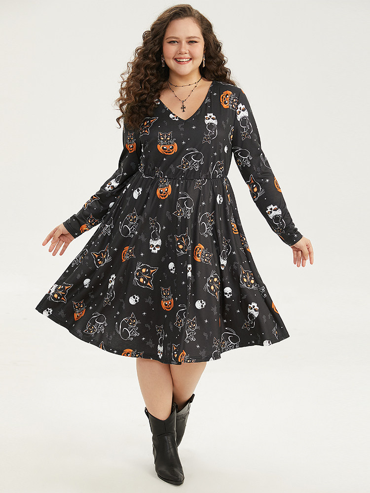 

Plus Size Halloween Cat & Pumpkin Print Elastic Waist Dress Black Women Elegant Printed V-neck Long Sleeve Curvy Midi Dress BloomChic