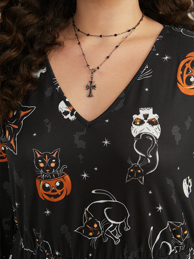Plus Size Halloween Cat & Pumpkin Print Elastic Waist Dress Black Women Elegant Printed V-neck Long Sleeve Curvy Midi Dress BloomChic 12/L 