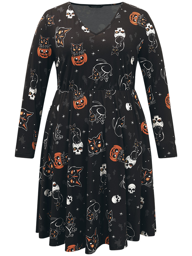 Plus Size Halloween Cat & Pumpkin Print Elastic Waist Dress Black Women Elegant Printed V-neck Long Sleeve Curvy Midi Dress BloomChic 12/L 